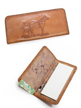 Vintage Tooled Leather Horse & Sulky Wallet Checkbook Cover - Whipstitch Detail